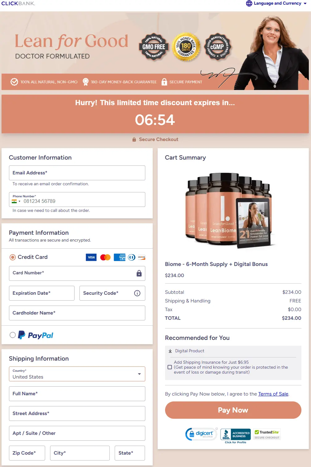 Secure 256-bit encrypted checkout for LeanBiome orders checkout page secure order form